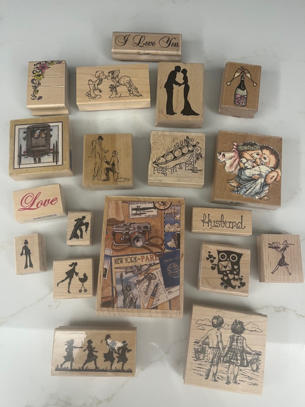 Lot of wooden rubber stamps: Love, marriage, and family themed